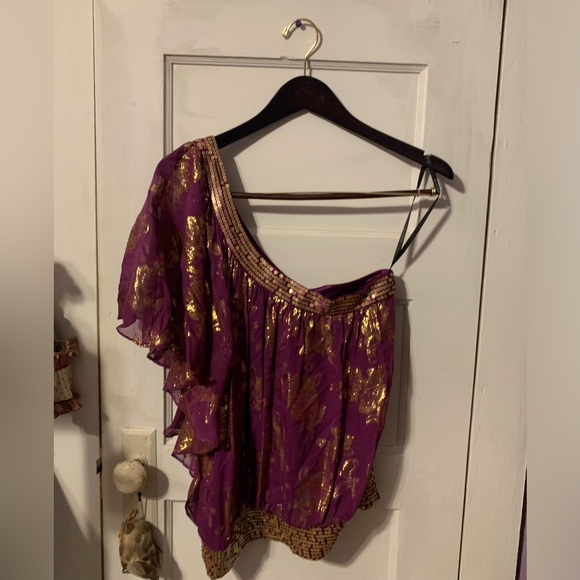 bebe Tops - Bebe Off Shoulder Purple Gold Sequined Women’s Blouse